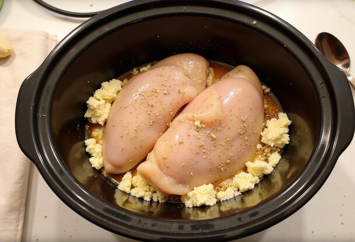 Chicken breasts in a crockpot with garlic and Parmesan for preparing garlic parmesan chicken pasta.