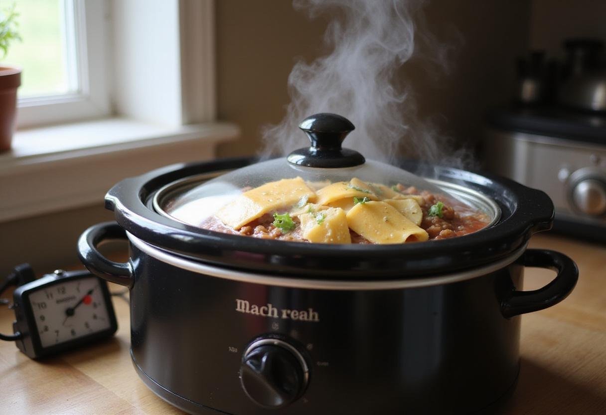 Crockpot garlic parmesan chicken pasta cooking with steam rising, capturing the essence of slow-cooked flavors.