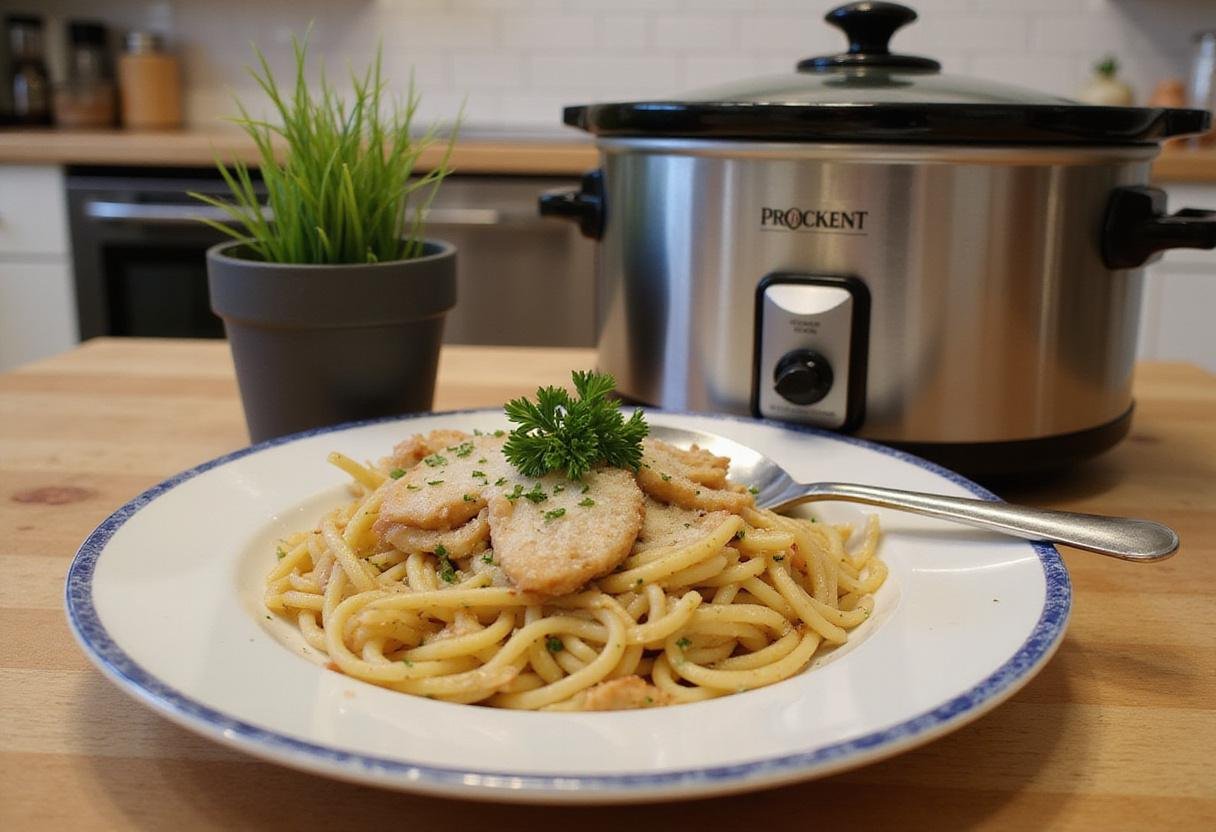 Serving plate of crockpot garlic parmesan chicken pasta garnished with herbs, ready to enjoy.