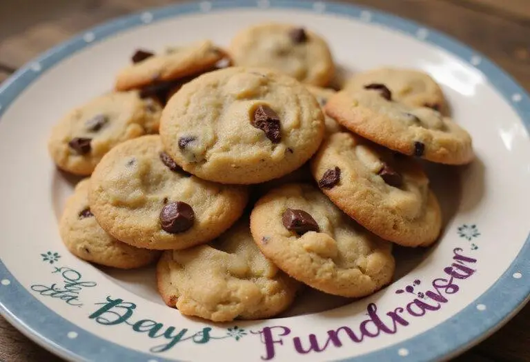 Plate of delicious crumbl cookies fundraiser, artfully arranged with a festive banner, emphasizing the irresistible chocolate chunks and textures.