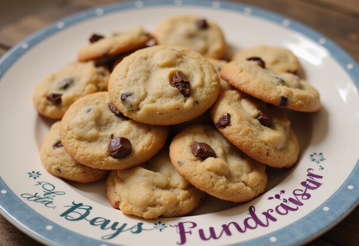 Plate of delicious crumbl cookies fundraiser, artfully arranged with a festive banner, emphasizing the irresistible chocolate chunks and textures.