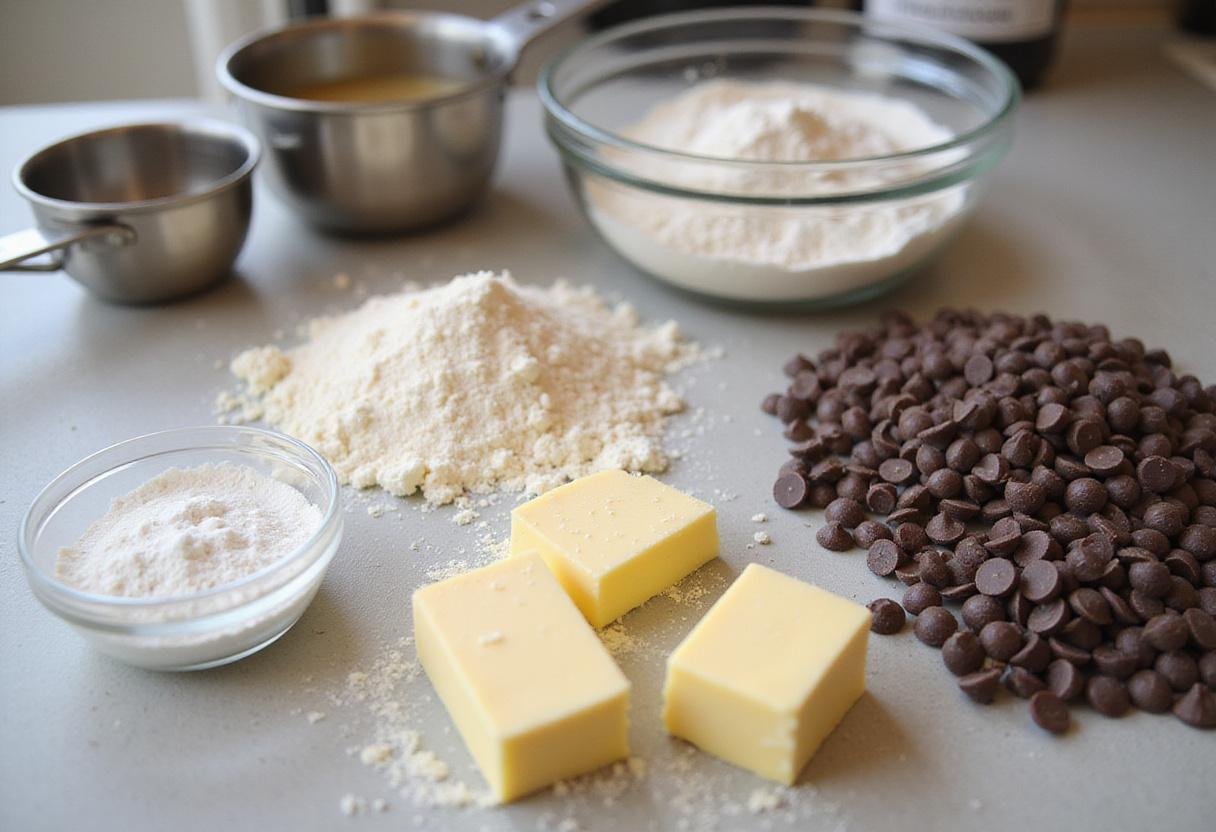 Ingredients for crumbl cookies fundraiser laid out on kitchen countertop, showcasing flour, sugar, butter, and chocolate chips.