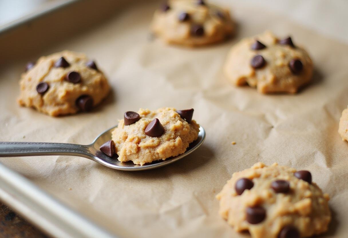 Baking sheet with crumbl cookie dough ready for the oven, highlighting the chocolate chips and smooth cookie dough texture.