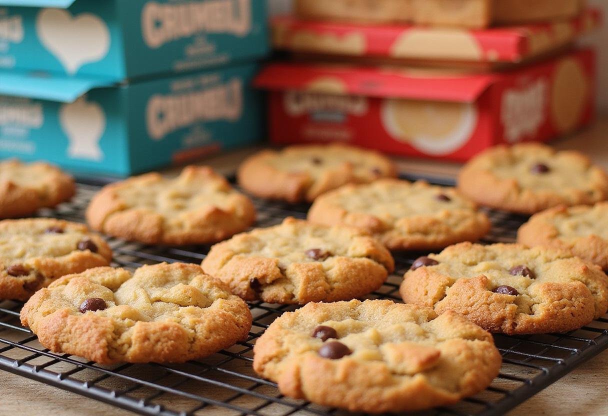 Freshly baked Crumbl cookies displayed on a cooling rack, highlighting various flavors in signature boxes, ideal for Crumbl - Levittown and other locations.