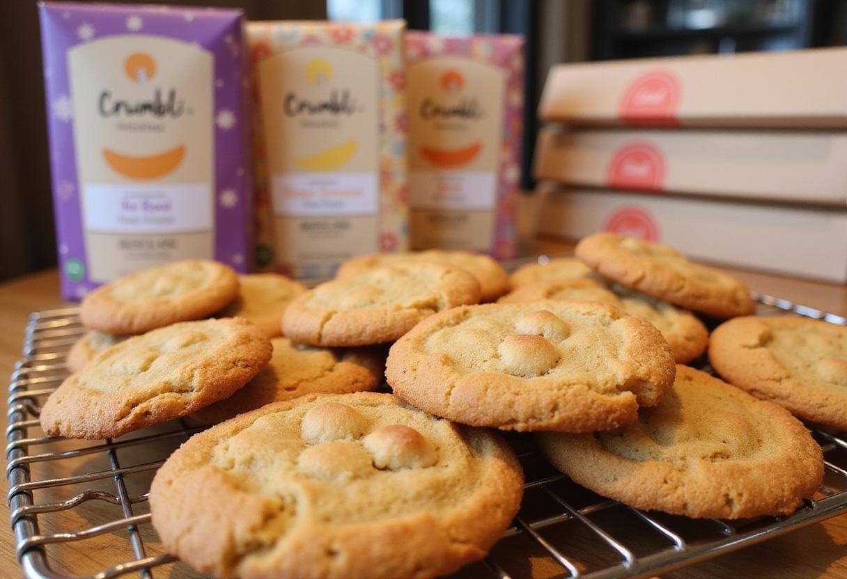 Freshly baked Crumbl cookies displayed on a cooling rack, highlighting various flavors in signature boxes, ideal for Crumbl - Levittown and other locations.