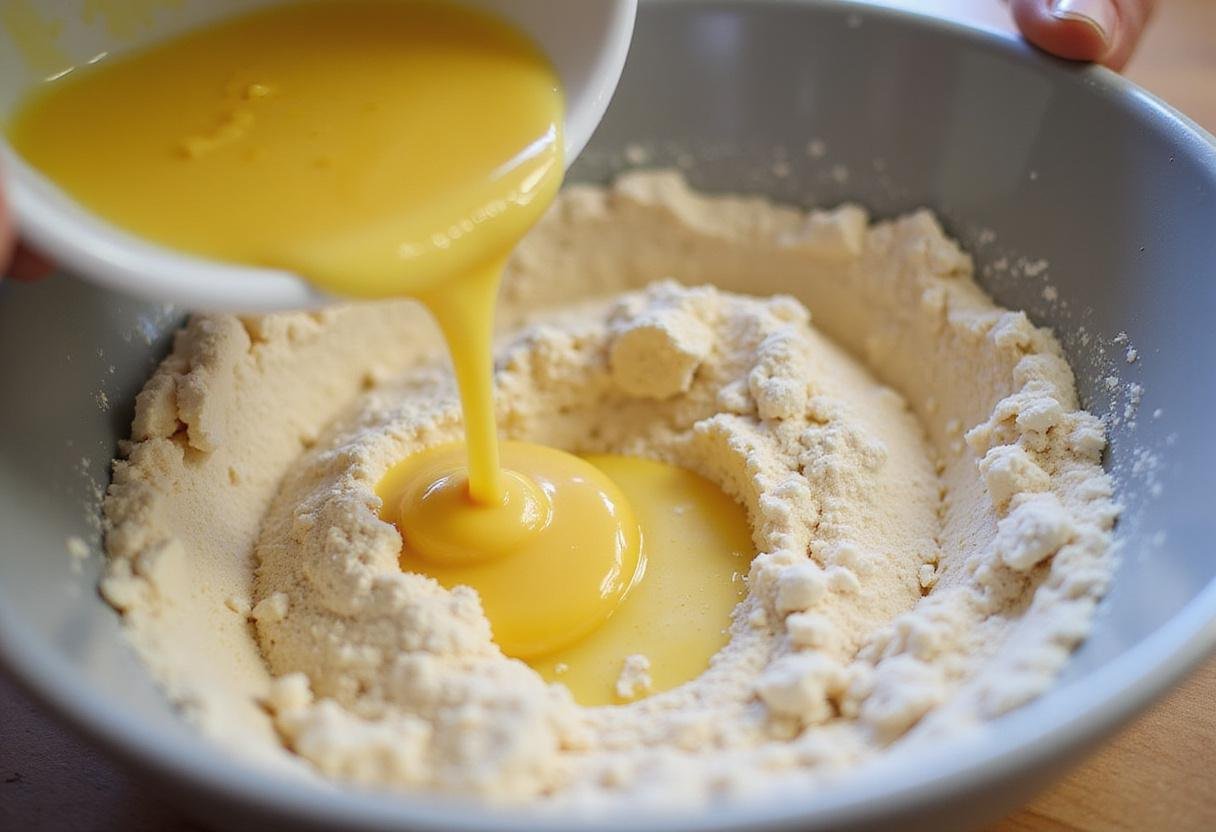 Baker pouring melted butter into a bowl for Crumbl cookies, highlighting the creamy blend of butter and sugar mix in a beautifully lit kitchen.