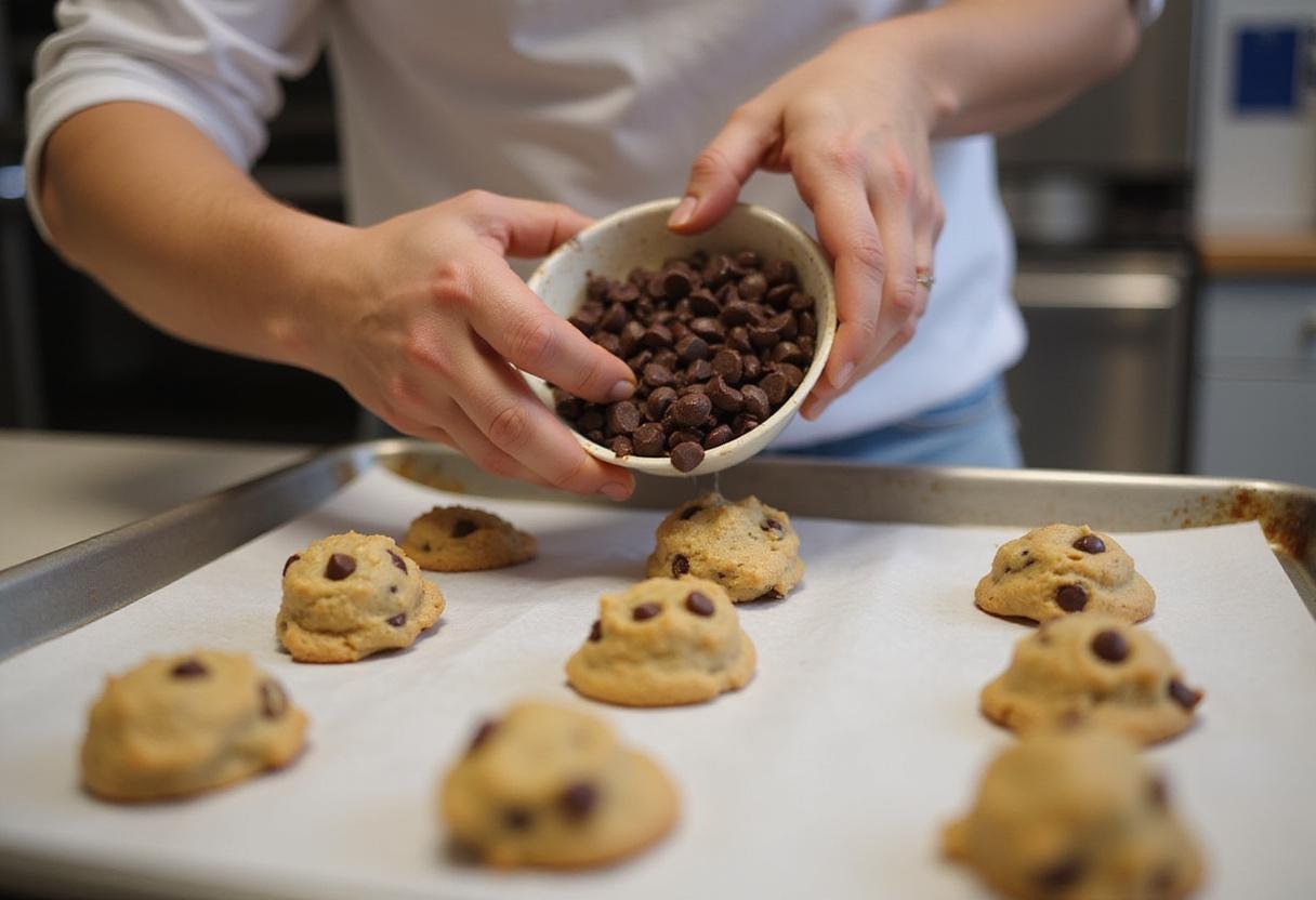 Baker adding chocolate chips to Crumbl cookie dough, capturing the rich chocolate chip mixture on a baking sheet ready for baking.