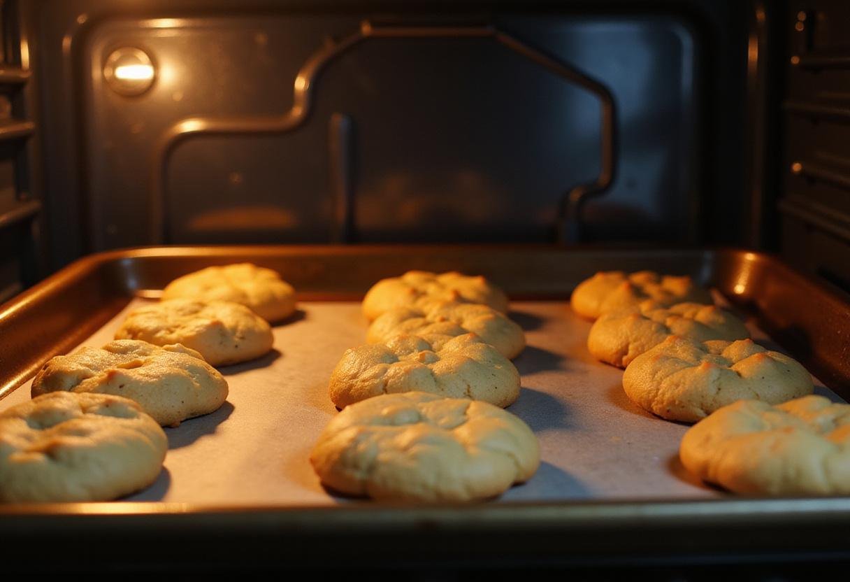 Baker placing raw Crumbl cookies in the oven, demonstrating the baking process and the transformation of dough to golden cookies.