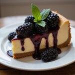 Elegant presentation of Dark Forest Butterbeer Cheesecake with Blackberry Glaze, highlighting the luscious cheesecake texture and vibrant blackberry topping.