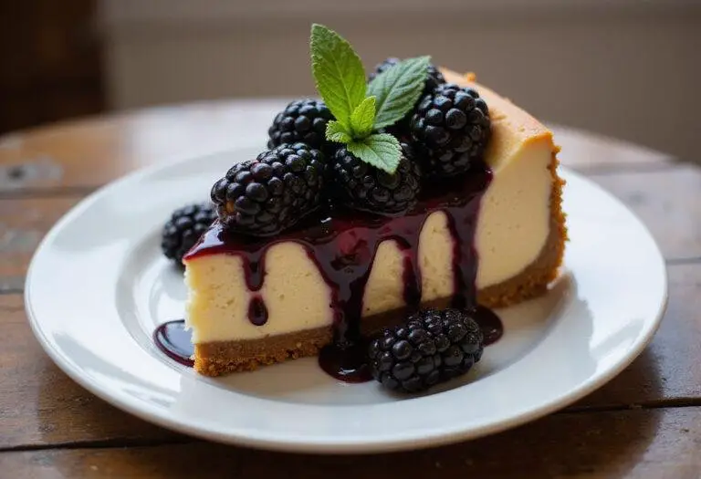Elegant presentation of Dark Forest Butterbeer Cheesecake with Blackberry Glaze, highlighting the luscious cheesecake texture and vibrant blackberry topping.