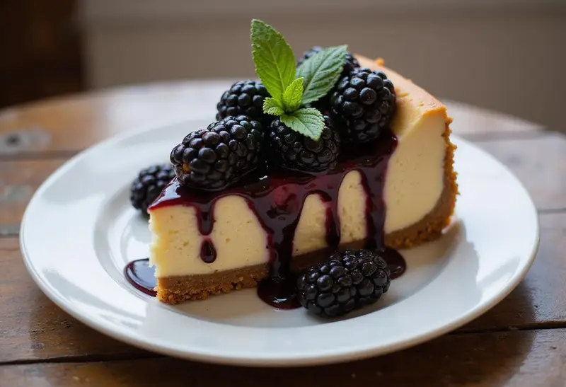 Elegant presentation of Dark Forest Butterbeer Cheesecake with Blackberry Glaze, highlighting the luscious cheesecake texture and vibrant blackberry topping.