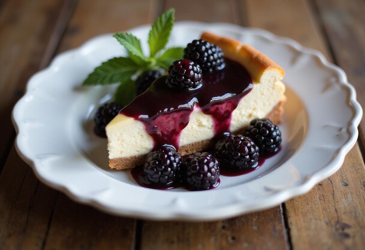Elegant presentation of Dark Forest Butterbeer Cheesecake with Blackberry Glaze, highlighting the luscious cheesecake texture and vibrant blackberry topping.
