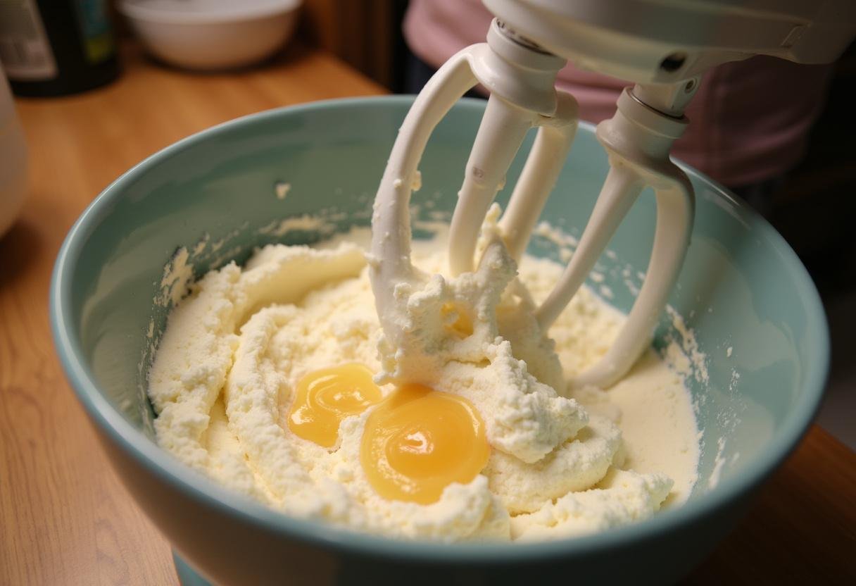 Creamy filling preparation for Dark Forest Butterbeer Cheesecake with Blackberry Glaze, highlighting the rich texture of cream cheese and sugar mixture.