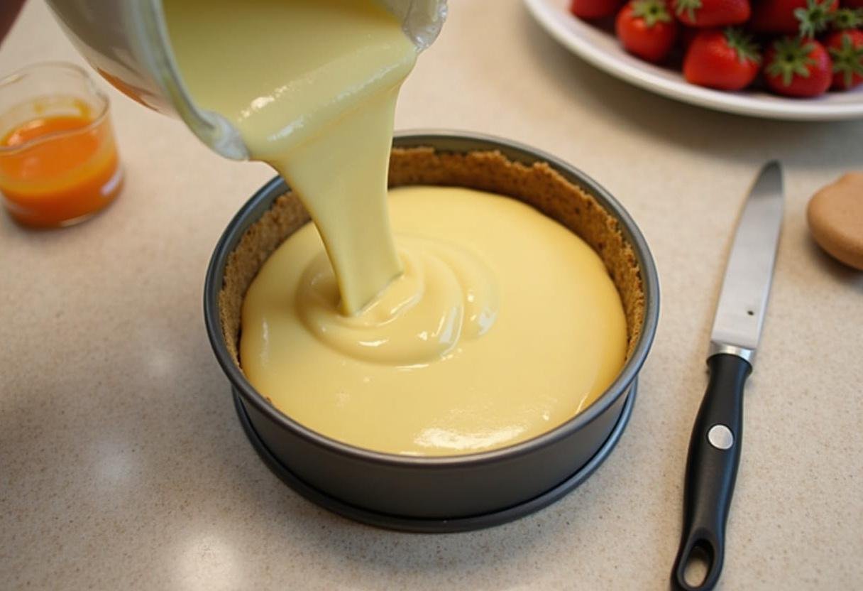 Pouring rich cheesecake batter into a springform pan for Dark Forest Butterbeer Cheesecake with Blackberry Glaze, capturing the creamy consistency.
