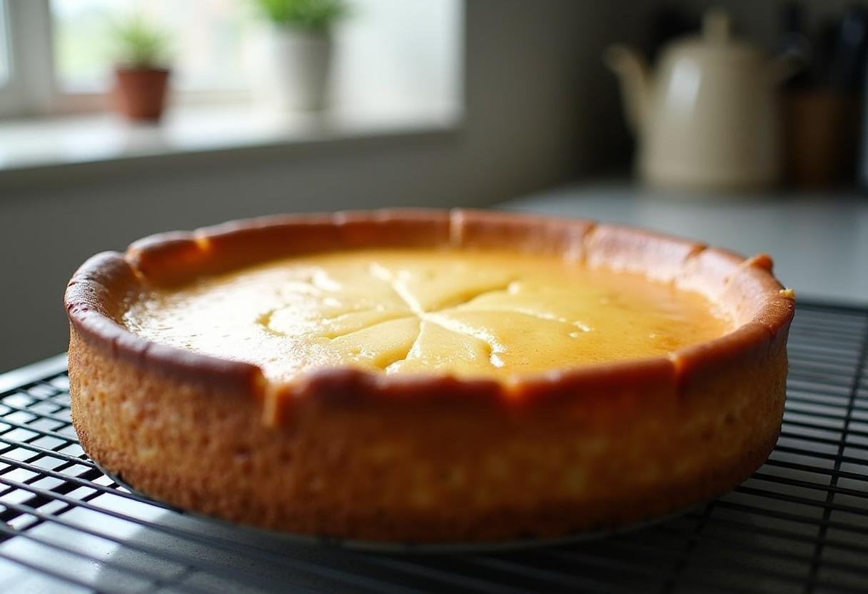 Cooling baked cheesecake for Dark Forest Butterbeer Cheesecake with Blackberry Glaze, showcasing its perfect texture and color.