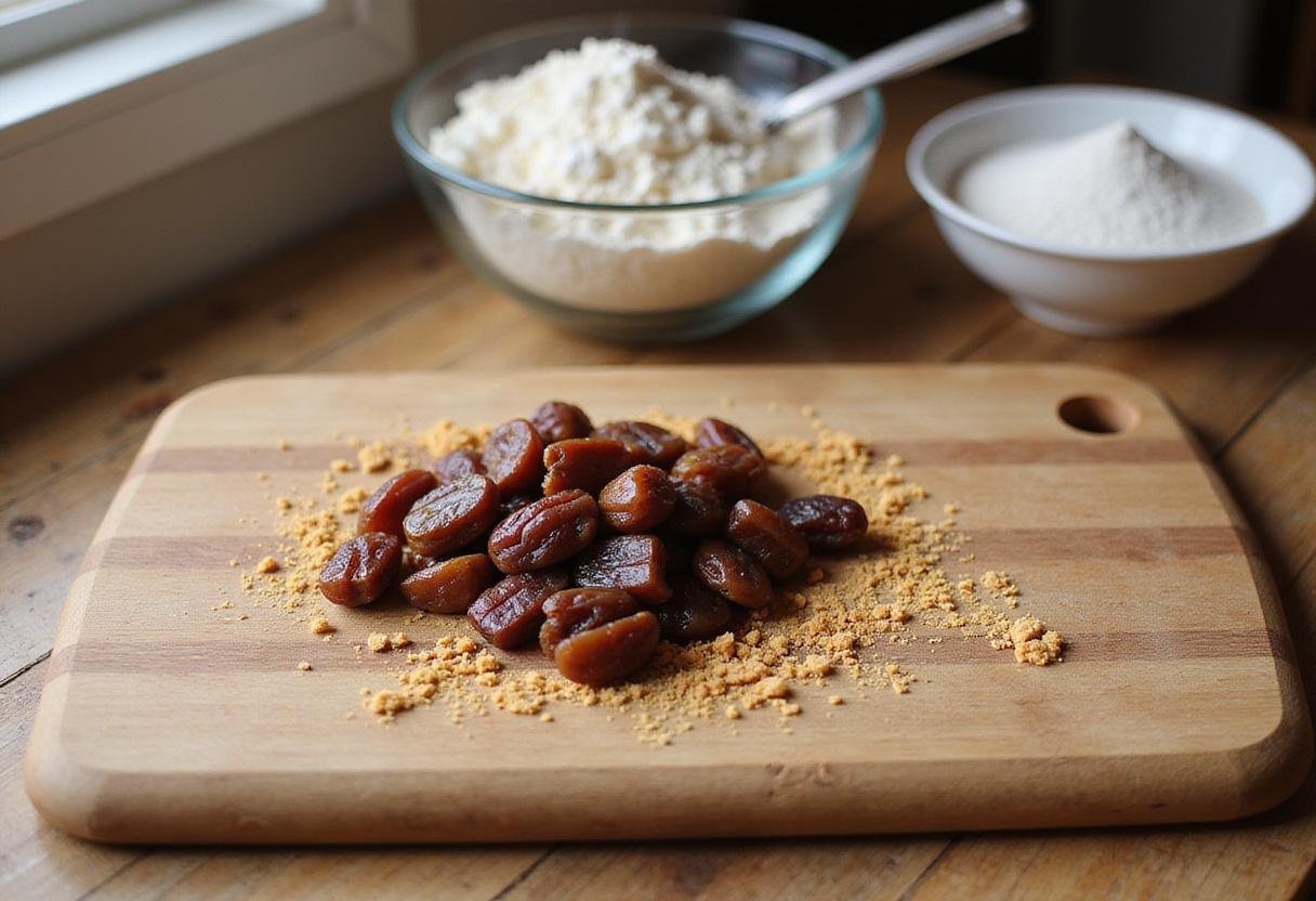 Preparation of ingredients for date cookie recipe with dates and graham cracker crumbs on a wooden cutting board.