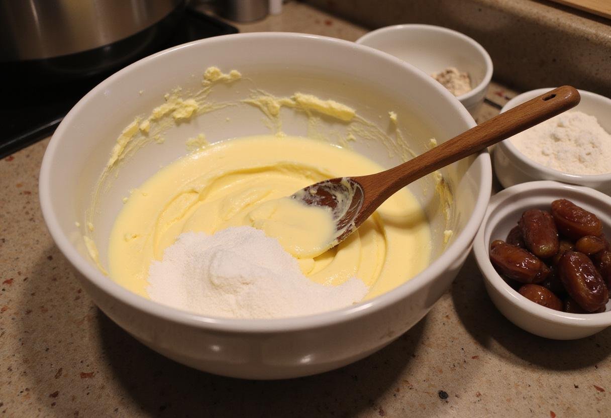 Mixing butter and sugar for date cookies recipe in a large bowl with flour and chopped dates in the background.