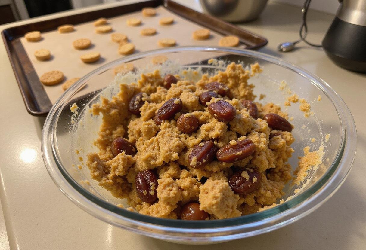 Combining ingredients to create dough for graham cookies recipe featuring chopped dates and graham cracker pieces.