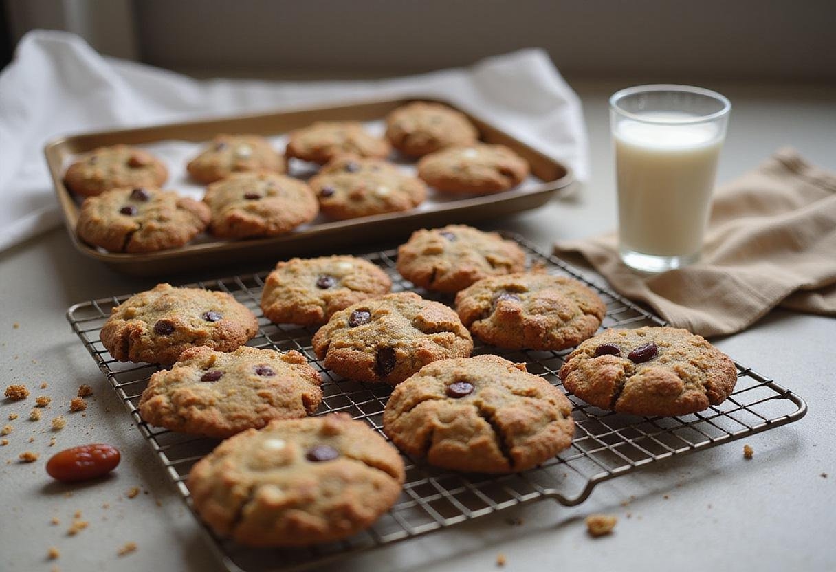 Cooling date cookies on a wire rack next to a glass of milk for a delightful date cookies recipe experience.