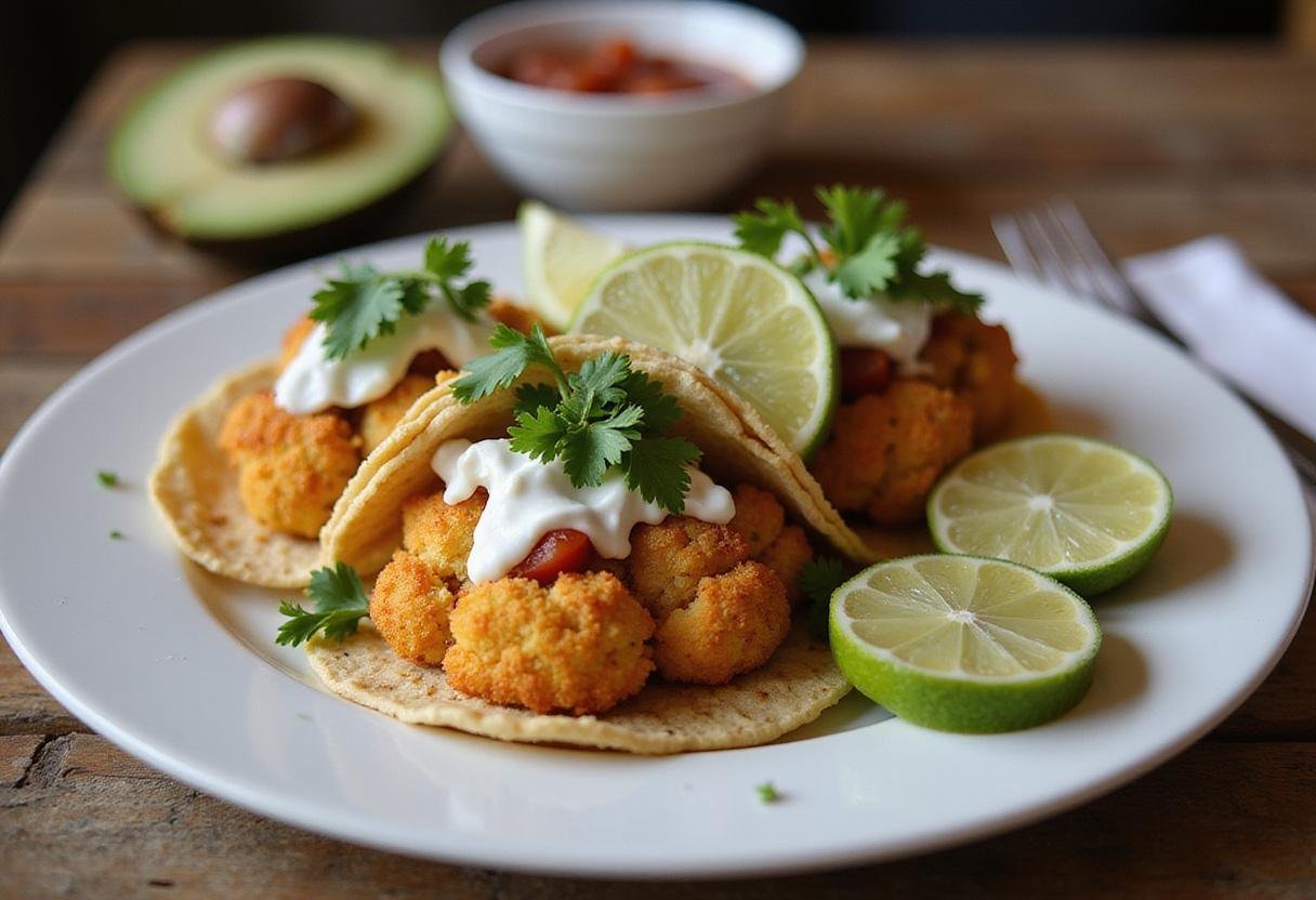 Final presentation of delicious air fryer cauliflower tacos, showcasing the crispiness and vibrant colors, perfect for a delightful meal.