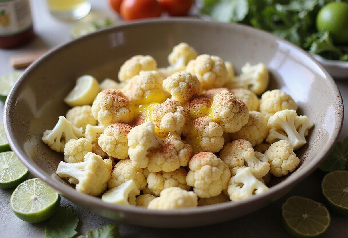 Preparing air fryer cauliflower for delicious air fryer cauliflower tacos with spices and lime juice.