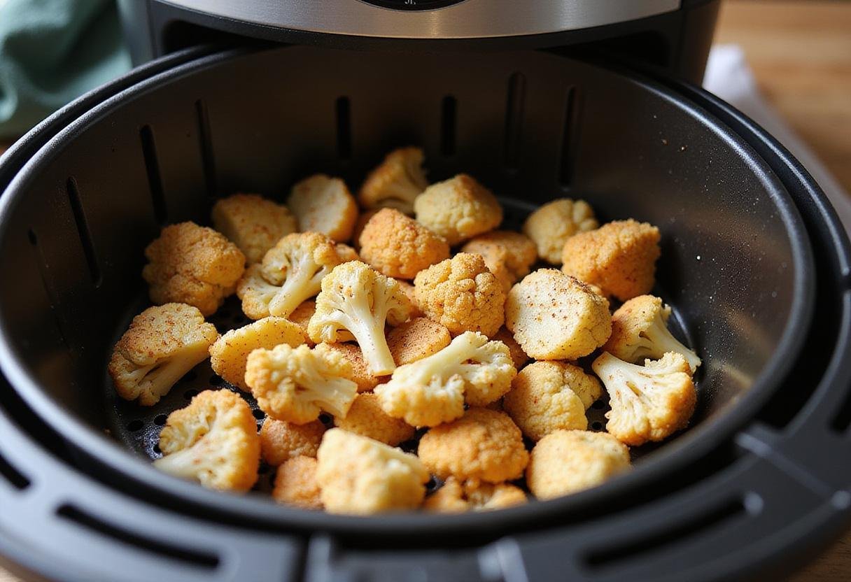 Cooking seasoned cauliflower in an air fryer for tasty air fryer cauliflower tacos, showcasing the cooking process.
