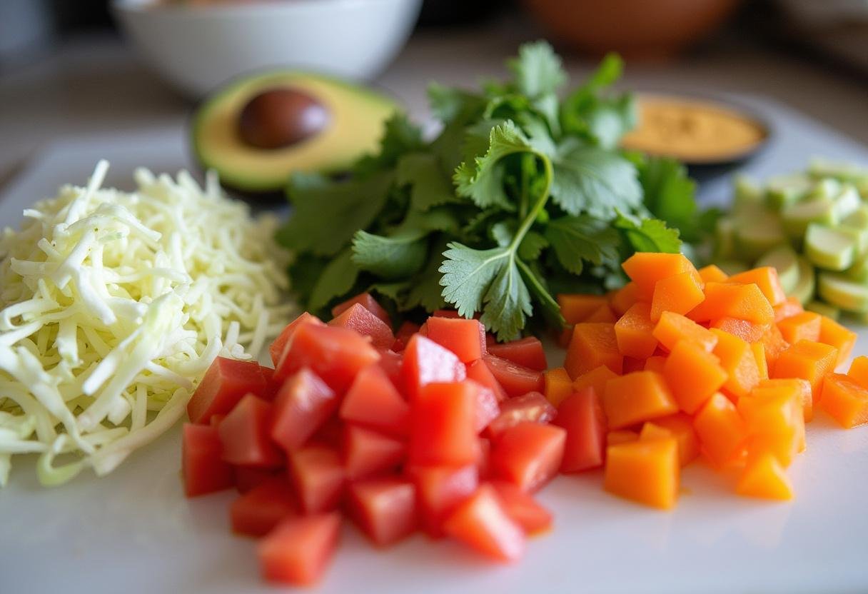 Preparing toppings for delicious air fryer cauliflower tacos, highlighting fresh and vibrant ingredients.