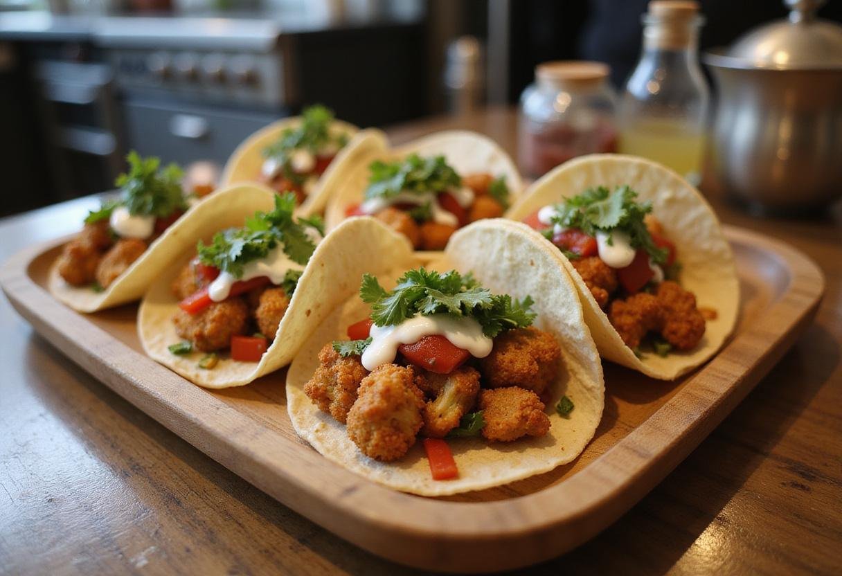 Assembling air fryer cauliflower tacos with fresh toppings, emphasizing the crispy texture and colorful presentation.