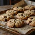 Delicious oatmeal chocolate chip cookies fresh out of the oven, showcasing golden brown edges and melted chocolate chips, perfect for a treat.