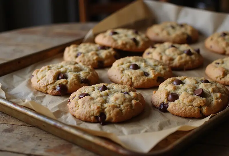 Delicious oatmeal chocolate chip cookies fresh out of the oven, showcasing golden brown edges and melted chocolate chips, perfect for a treat.