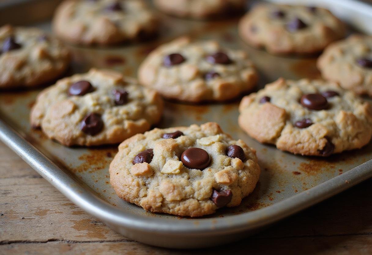 Delicious oatmeal chocolate chip cookies fresh out of the oven, showcasing golden brown edges and melted chocolate chips, perfect for a treat.