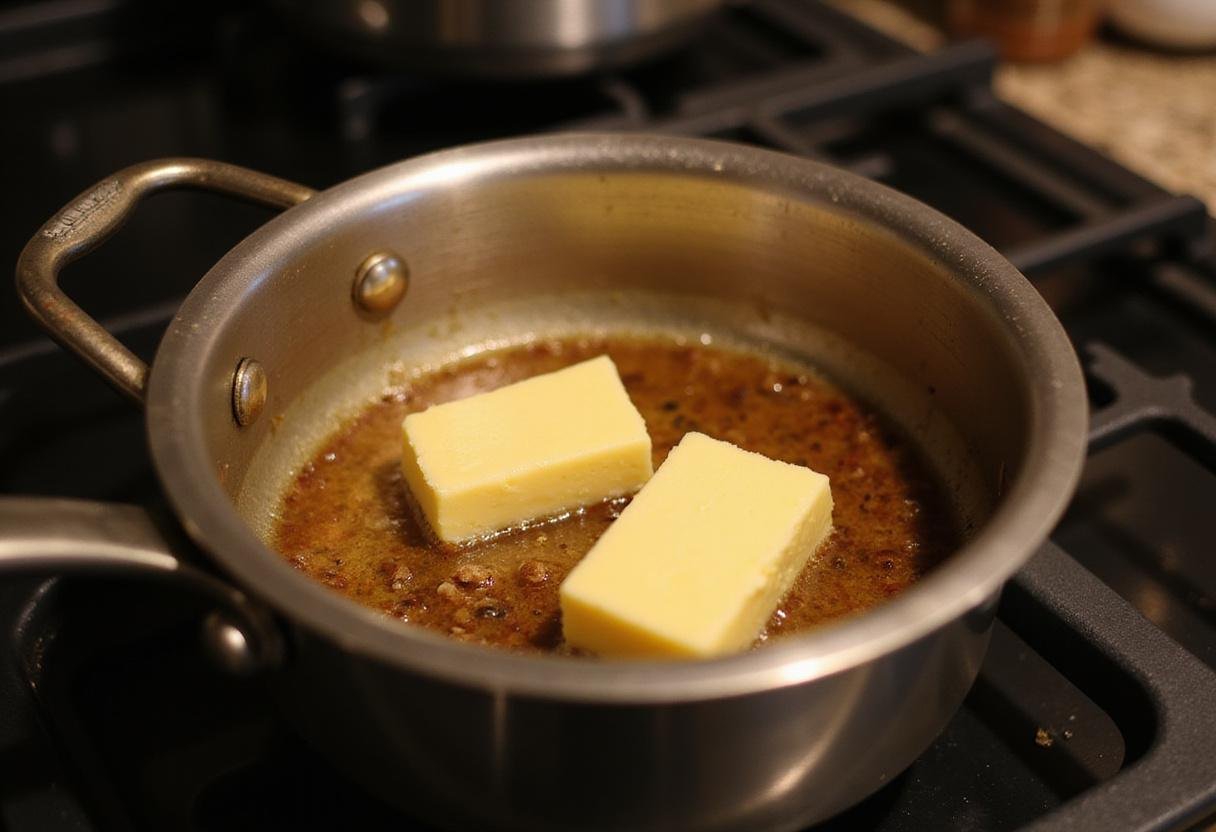 Melting brown butter for gluten free oatmeal chocolate chip cookies, rich aroma and golden color in the kitchen.