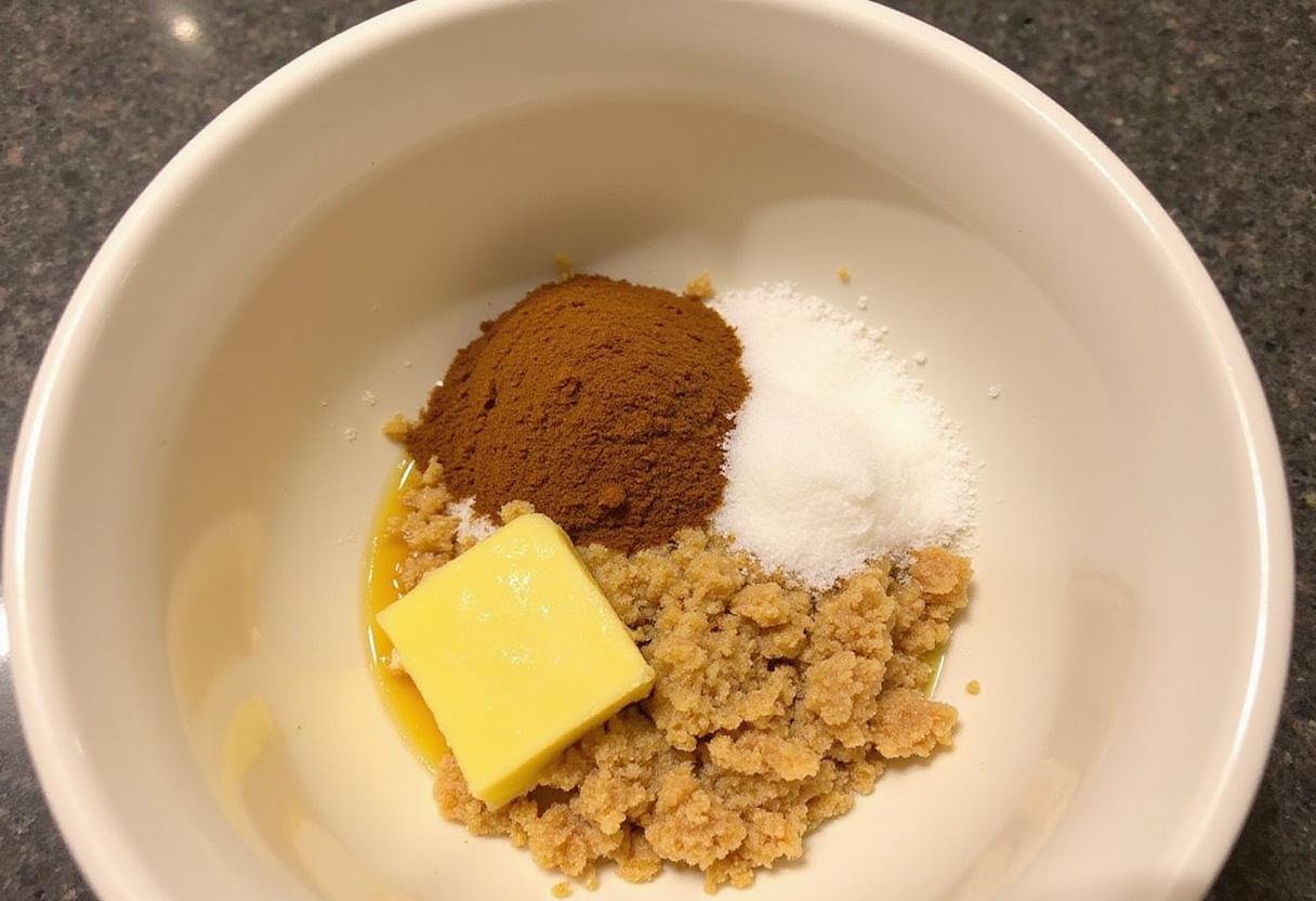 Mixing brown butter with sugars for brown butter oatmeal chocolate chip cookies, thick and creamy texture in a large mixing bowl.