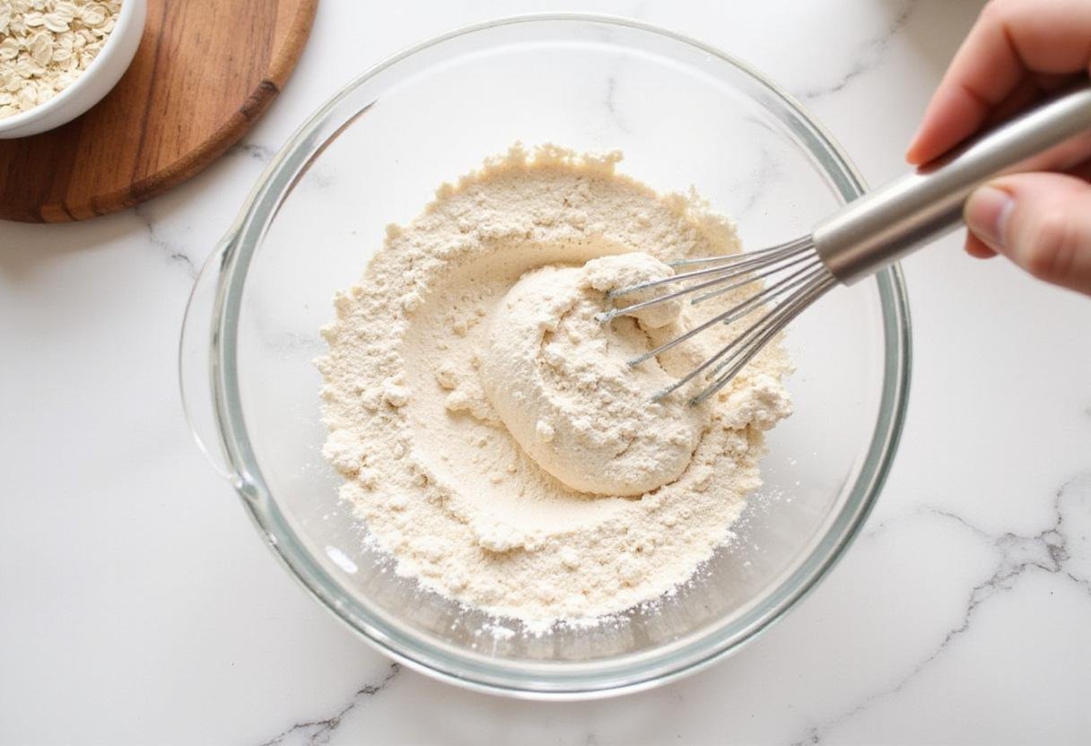 Whisking gluten-free flour and oats for gluten free oatmeal chocolate chip cookies, preparing dry ingredients in a bowl.