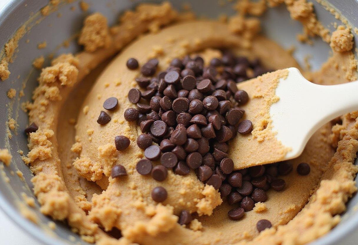 Folding chocolate chips into oatmeal chocolate chip cookie dough, creating a thick mixture ready for baking.