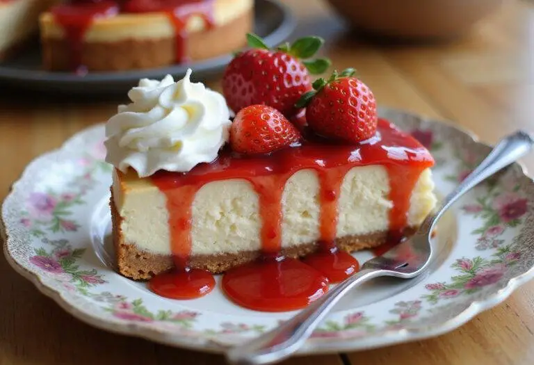 Delicious strawberry cheesecake cake served beautifully, emphasizing the flavor and visual appeal of this stunning dessert.