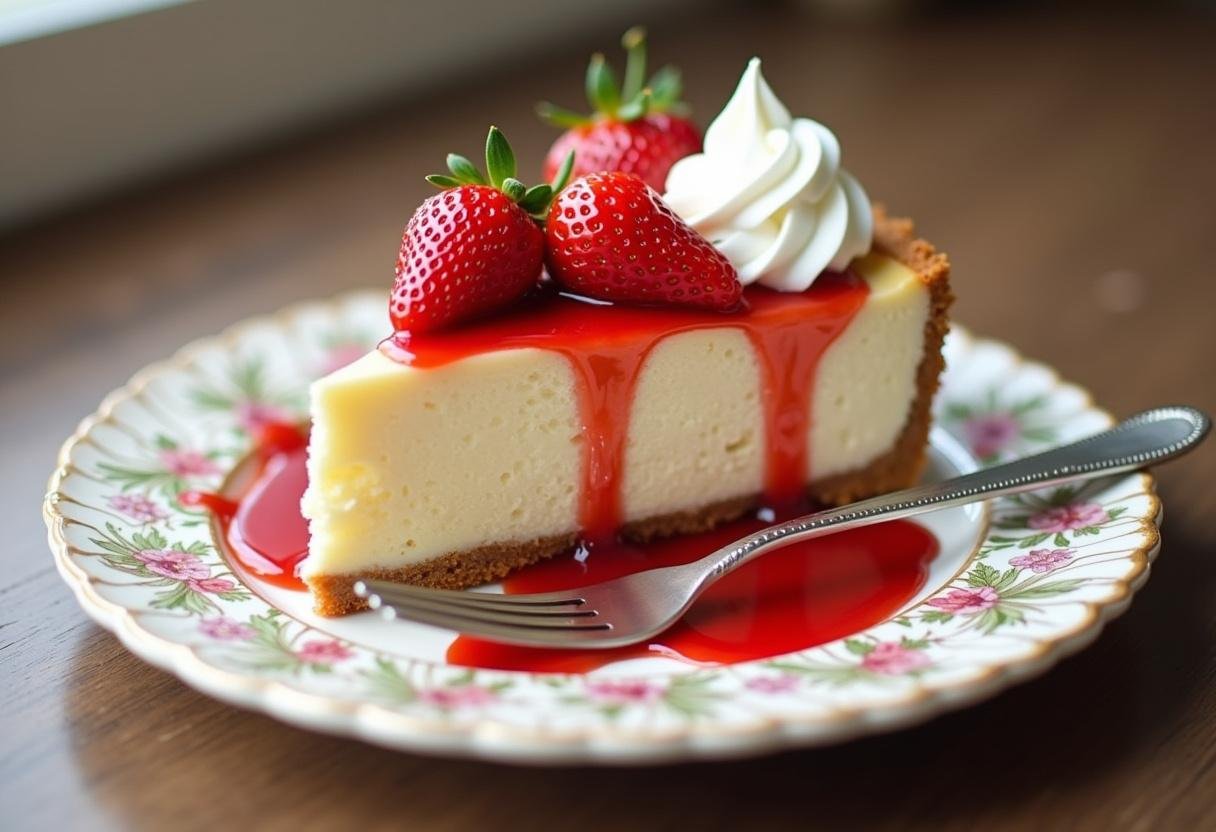 Delicious strawberry cheesecake cake served beautifully, emphasizing the flavor and visual appeal of this stunning dessert.