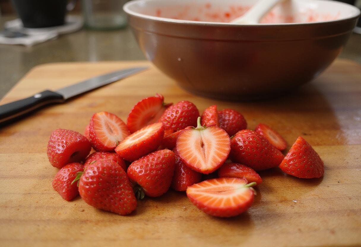 Fresh strawberries being prepared for a strawberry cheesecake dump cake, showcasing vibrant colors and freshness.