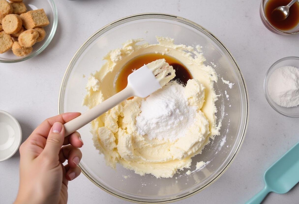 Mixing cream cheese and sugar for a strawberry cheesecake cake recipe, highlighting the creamy texture and preparation process.