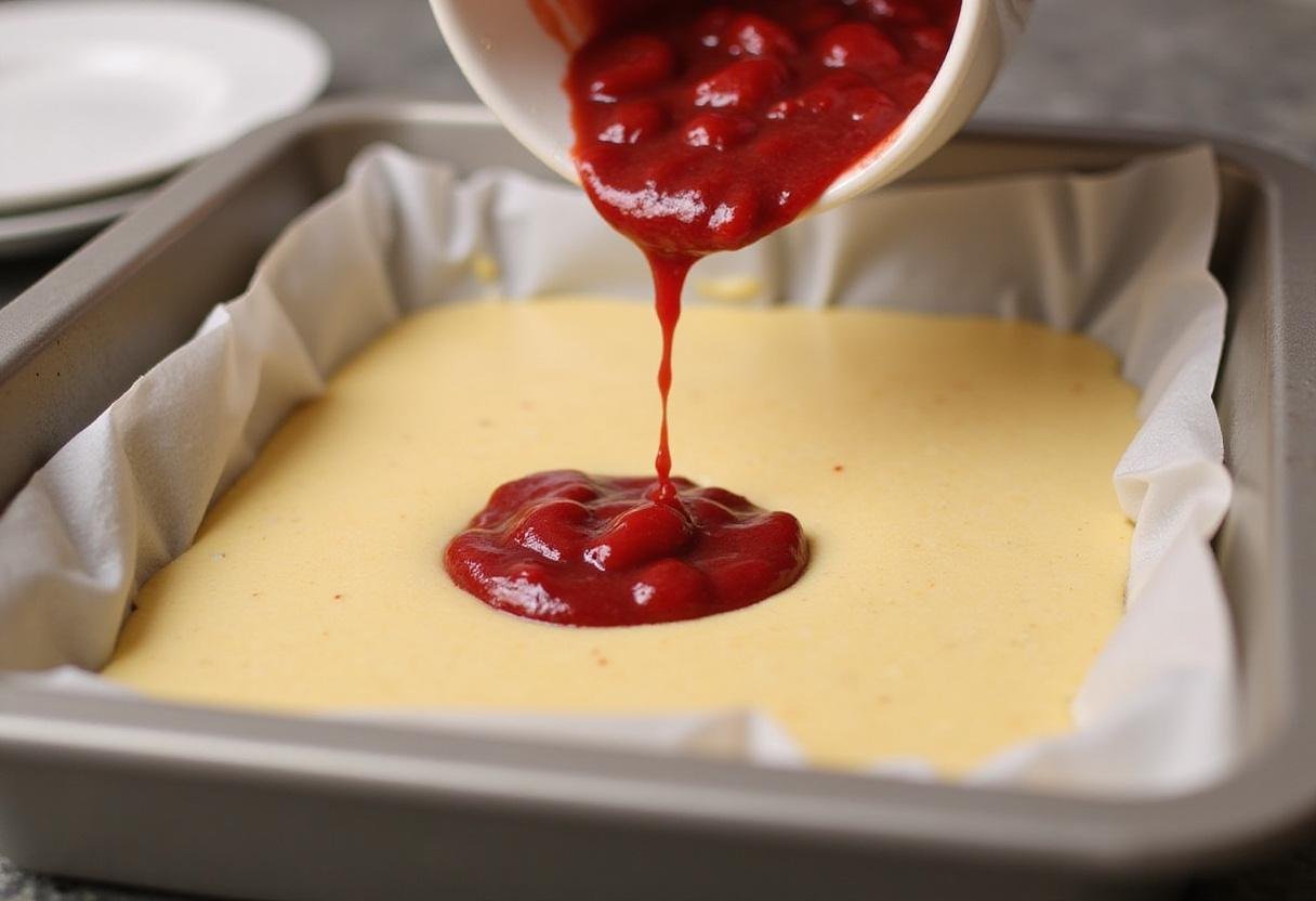Pouring cake batter in the preparation of a strawberry cheesecake crunch cake, depicting a rich mixture for a perfect dessert.