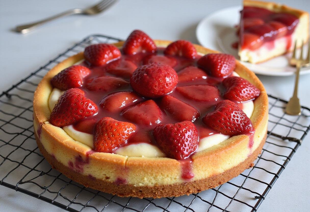 Cooling down a freshly baked strawberry swirl cheesecake, illustrating the delightful dessert and preparation for serving.