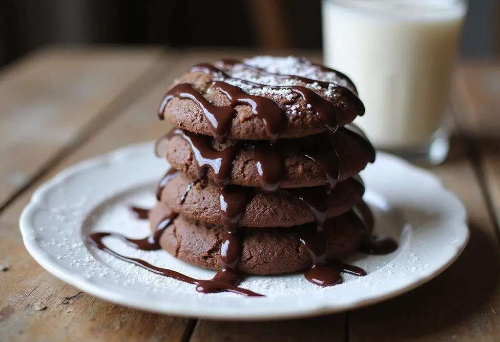Serving delicious devil's food cake mix cookies with chocolate drizzle and powdered sugar, perfect for a sweet treat with Duncan Hines cake mix.