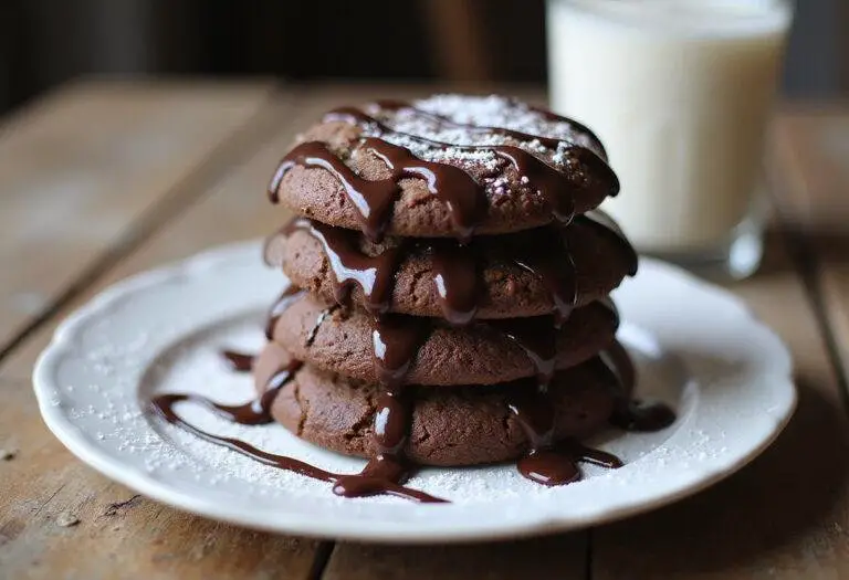 Serving delicious devil's food cake mix cookies with chocolate drizzle and powdered sugar, perfect for a sweet treat with Duncan Hines cake mix.