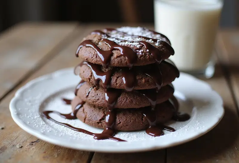Serving delicious devil's food cake mix cookies with chocolate drizzle and powdered sugar, perfect for a sweet treat with Duncan Hines cake mix.