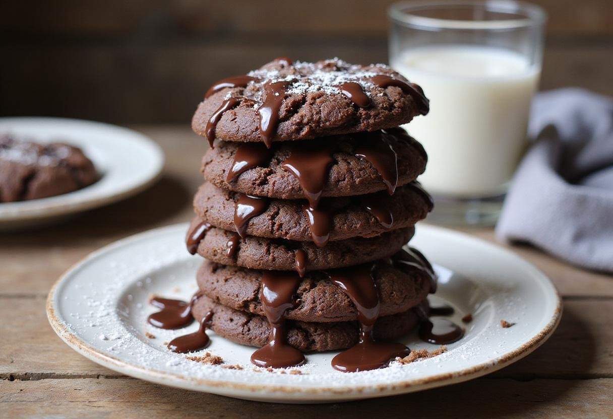 Serving delicious devil's food cake mix cookies with chocolate drizzle and powdered sugar, perfect for a sweet treat with Duncan Hines cake mix.