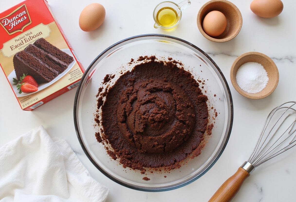 Preparing ingredients for devil's food cake mix cookies with Duncan Hines cake mix, measuring cups, and kitchen tools.