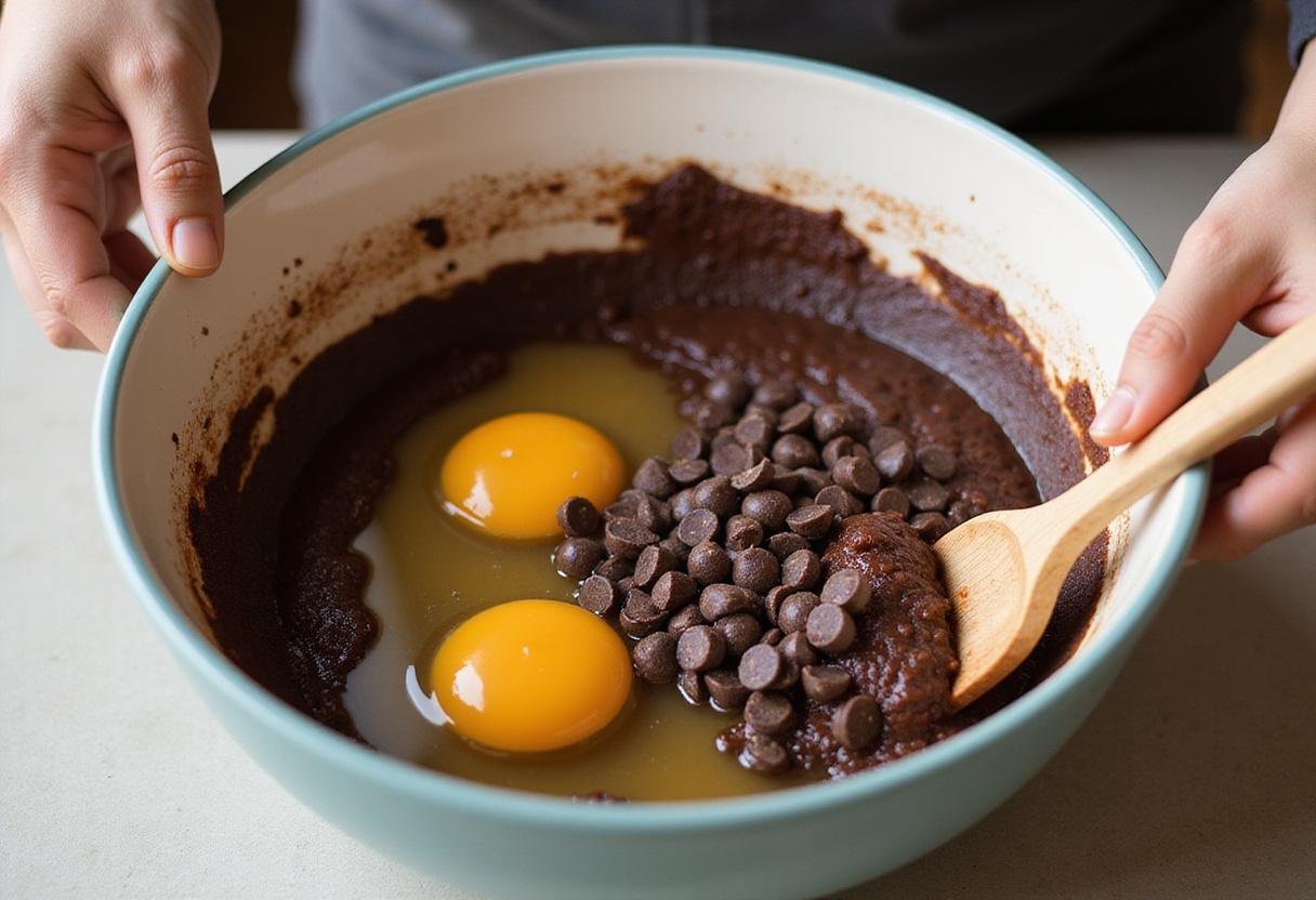 Mixing ingredients for devil's food cake mix cookies, featuring a chocolatey batter made from Duncan Hines cake mix, eggs, and chocolate chips.