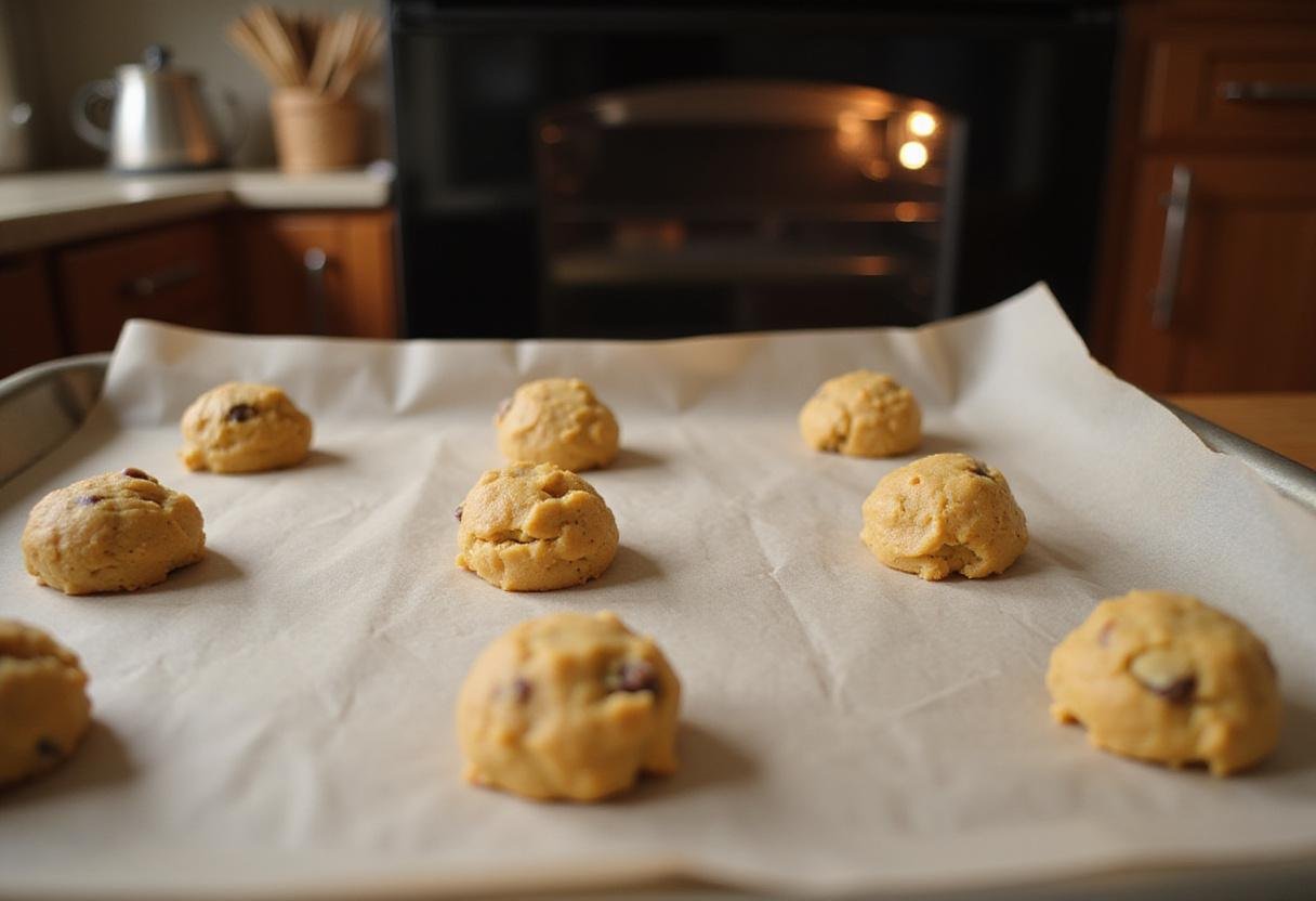Placing dollops of devil's food cake mix cookie dough on a baking sheet, preparing to bake delicious chocolate cookies with Duncan Hines mix.