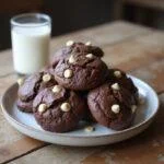 Delicious double chocolate white chocolate chip cookies served on a plate, perfect for a sweet treat.