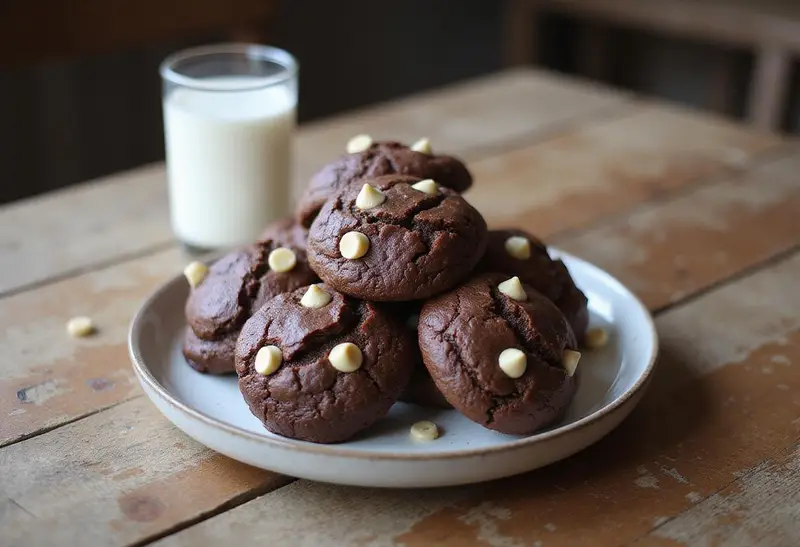 Delicious double chocolate white chocolate chip cookies served on a plate, perfect for a sweet treat.